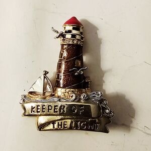 Lighthouse Scene With Water, Boat And Bird Red, Gold, Silver, Brown Brooch